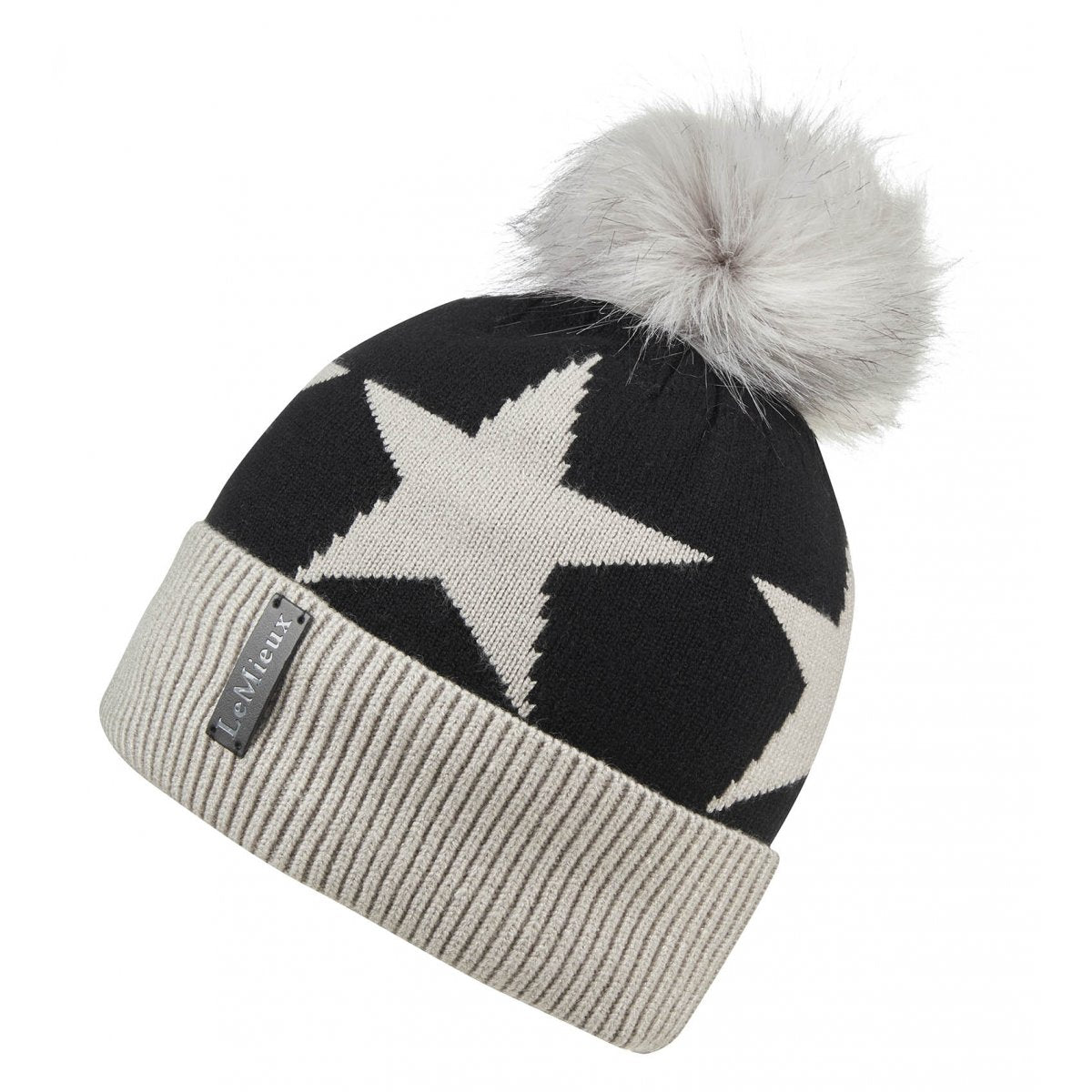A Lemieux branded beanie with a large star pattern, beige cuff, and fluffy gray pom-pom on top.