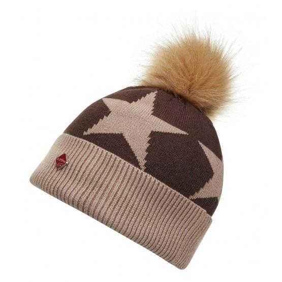 A beige and brown Lemieux beanie with a star pattern and a fluffy pompom on top.