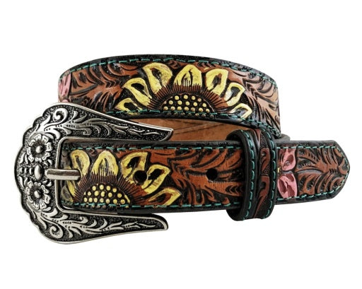 GIRL'S GENUINE LEATHER TAN BELT - HAND TOOLED - WESTERN SUNF