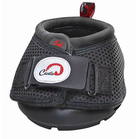 Alt: A black Cavallo Trek horse hoof boot with Velcro strap and logo, designed for equine hoof protection.