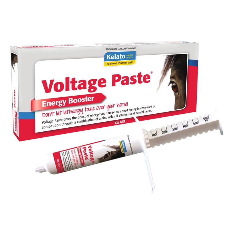 Kelato Voltage Paste packaging and syringe for horse energy boost.
