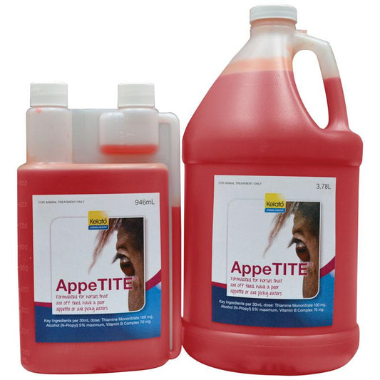 Two red Kelato AppeTITE bottles for horses.