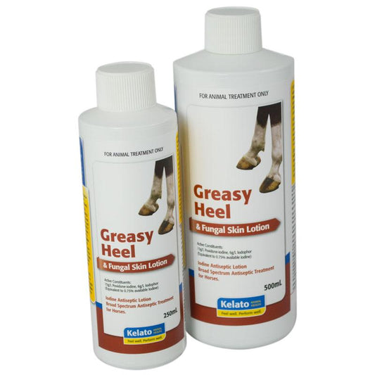 Kelato Greasy Heel antifungal skin lotion for horses, two bottles.