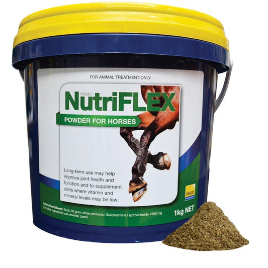 Kelato NutriFLEX powder for horses in a yellow tub.