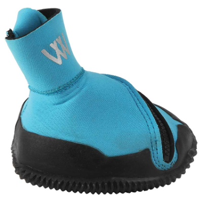 A blue and black neoprene water bootie with a zipper on the side and a logo with the letter 'W' on the ankle collar.