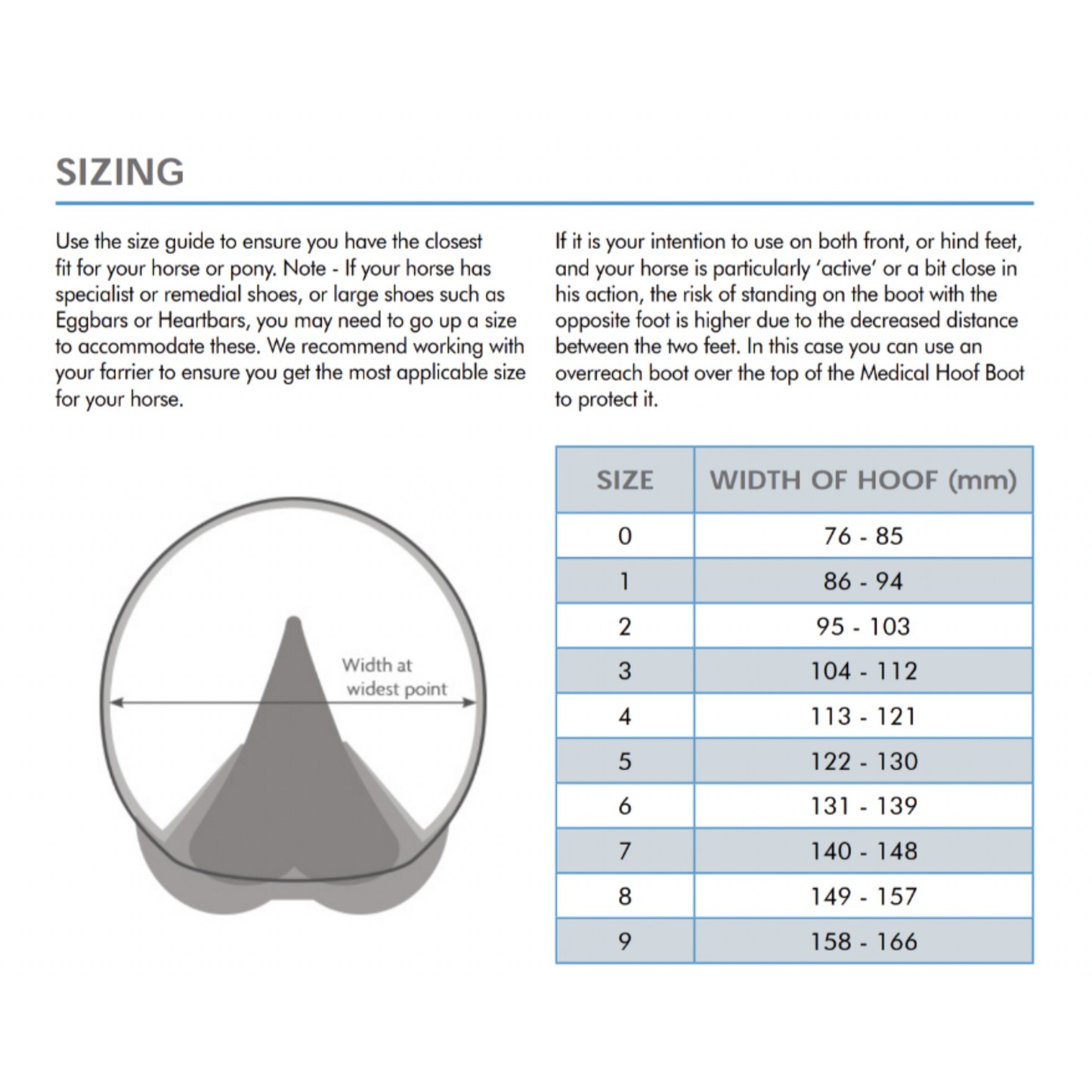 Alt text: A sizing guide for horse hoof boots shows a hoof measurement diagram and a table listing hoof width in millimeters for sizes 0 through 9.