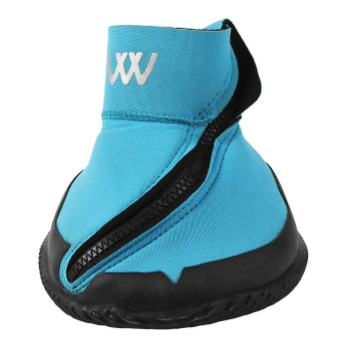 A blue and black neoprene bootie with a zipper and the letters 'XX' on the hook-and-loop closure strap.