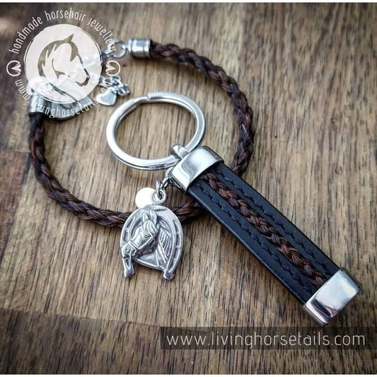 Stitched Leather and Stainless Steel Horsehair Keyring Fob with charm-Living Horse Tales Jewellery By Monika-The Equestrian
