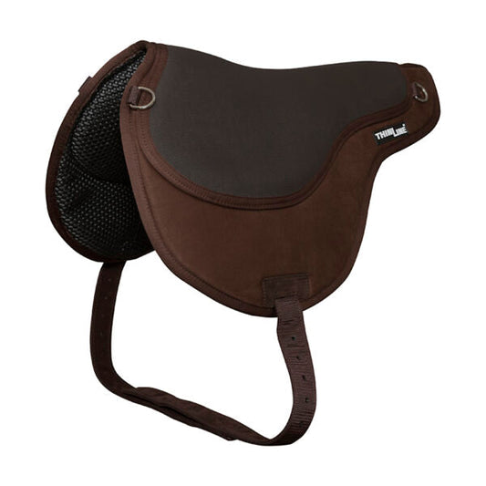 Brown half saddle pad with black mesh for horse riding activities.