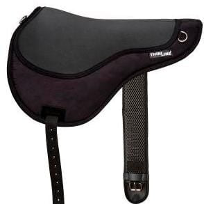 Black dressage saddle pad with stirrup leathers on a white background.