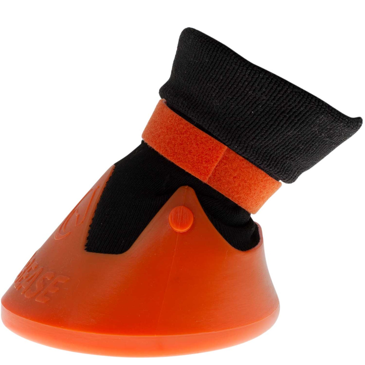 Orange conical sports cone with black elastic strap on top.
