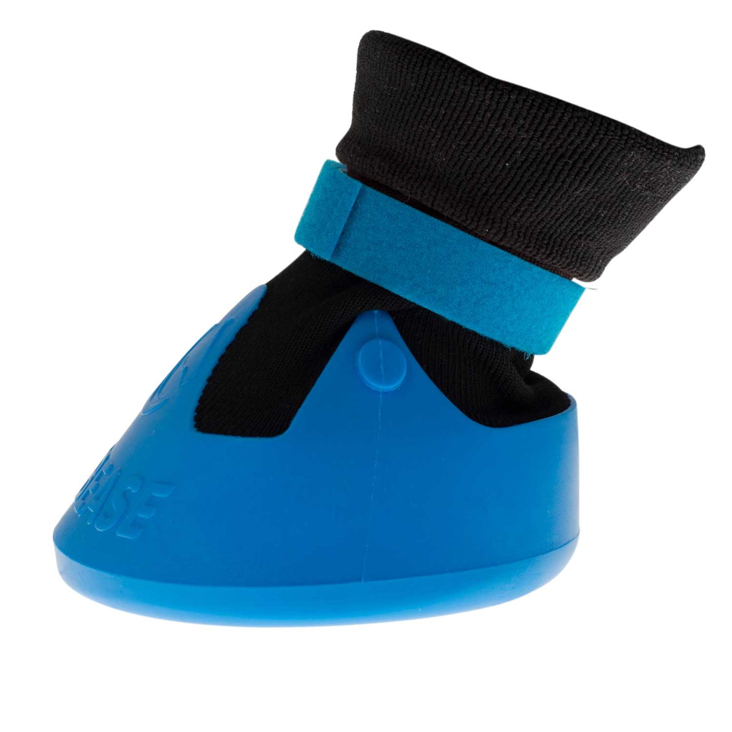 Blue medical shoe cover with black elastic band on white background.