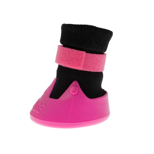 Pink equine hoof boot with black sock and pink straps.