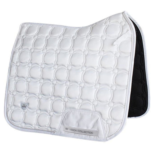 Woof Wear brand white horse saddle pad with black trim.