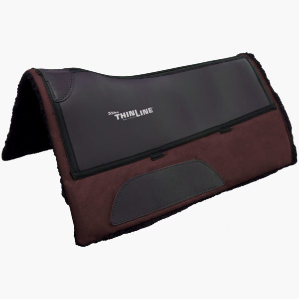 "Thinline saddle pad in black and brown with logo."