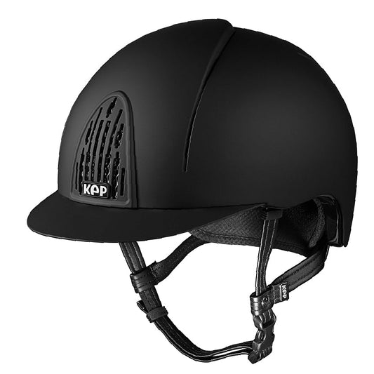 KEP brand equestrian helmet, black, with venting and chin strap.