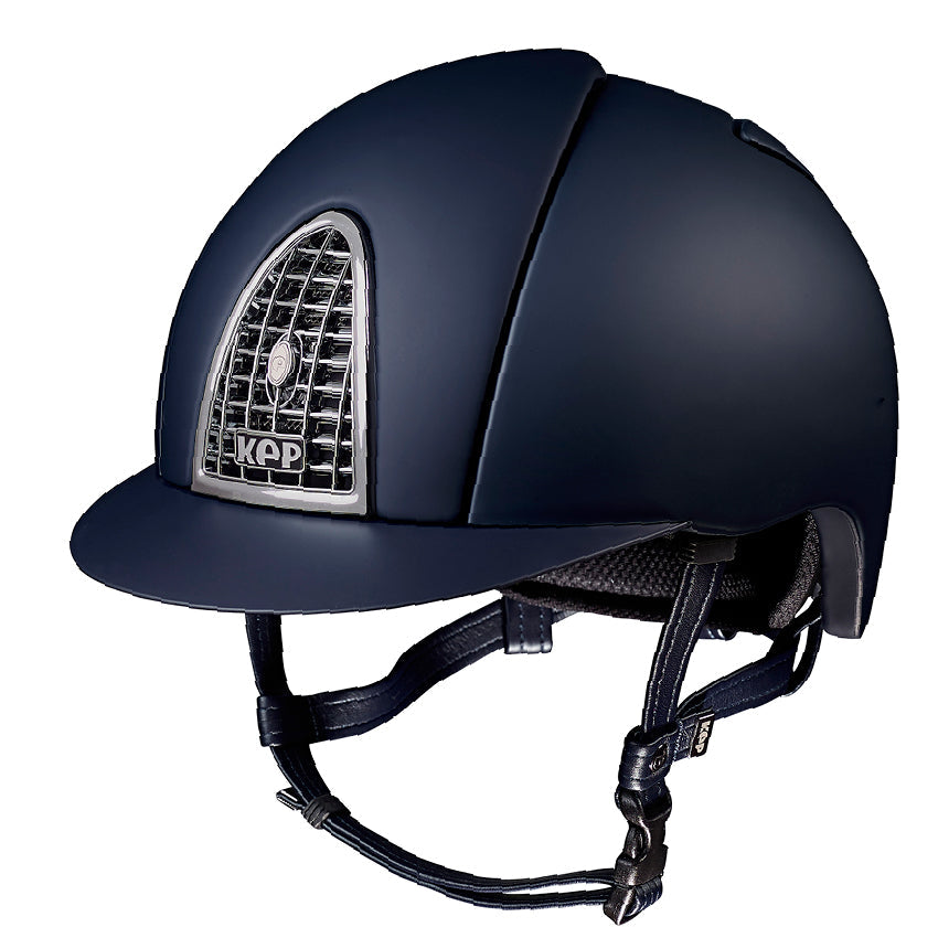 KEP branded equestrian helmet, navy blue, front vent, modern style.