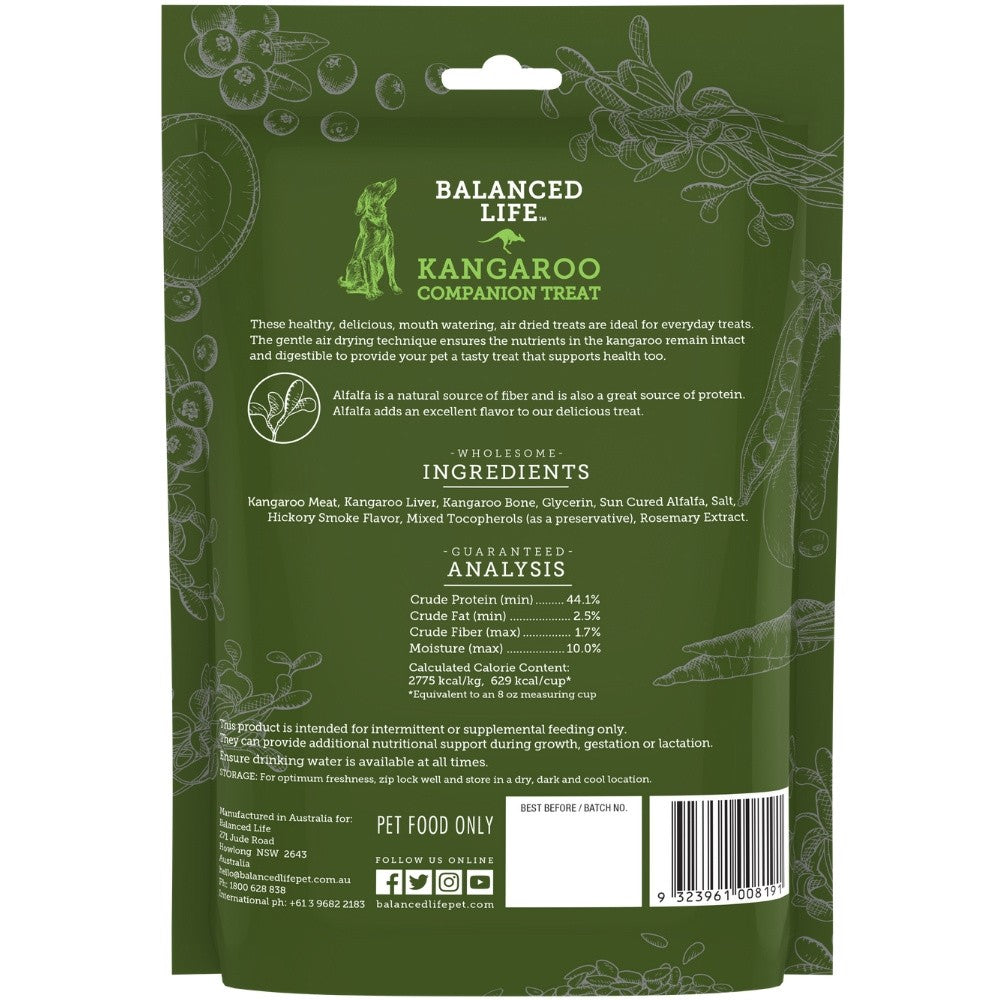Package of Balanced Life Kangaroo Companion Dog Treats with ingredients list.