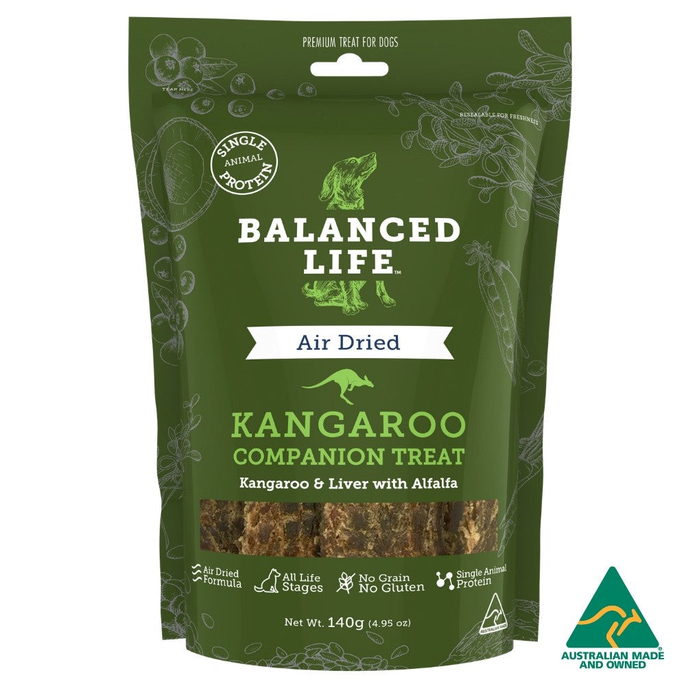 Balanced Life air-dried kangaroo dog treats with liver and alfalfa.