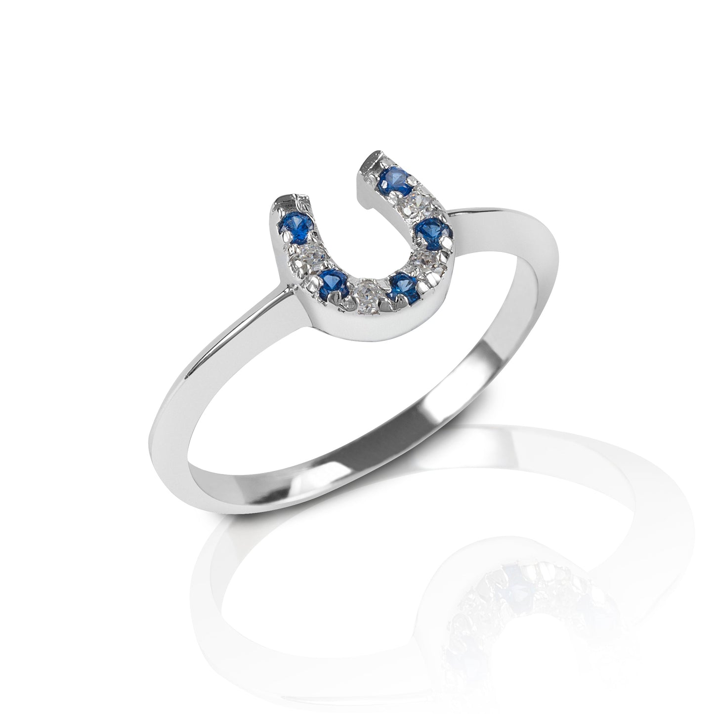 Kelly Herd horseshoe ring with blue stones and silver finish.