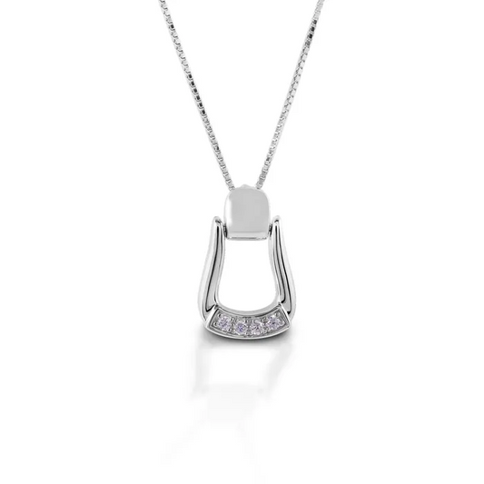Alt text: Kelly Herd sterling silver stirrup pendant with diamonds on chain.