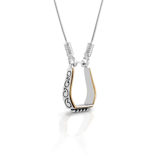 Kelly Herd sterling silver stirrup pendant with heart details on white background.