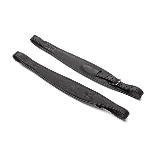 Black leather stirrup leathers on white background for horse riding.