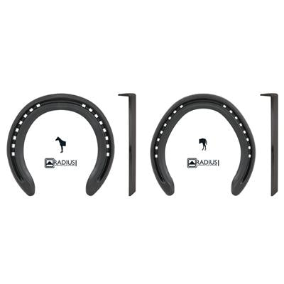 Two black horseshoes with white markings, side and top views.