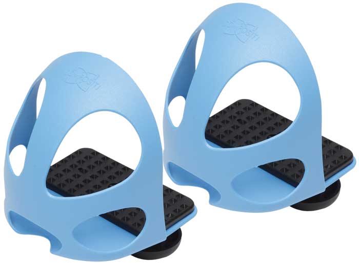 Blue horse riding stirrups with black tread, against a white background.