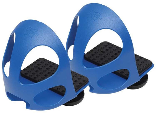 Pair of blue branded horse riding stirrups with black treads.