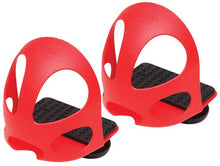 Red horse riding stirrups with black treads, no visible brand.