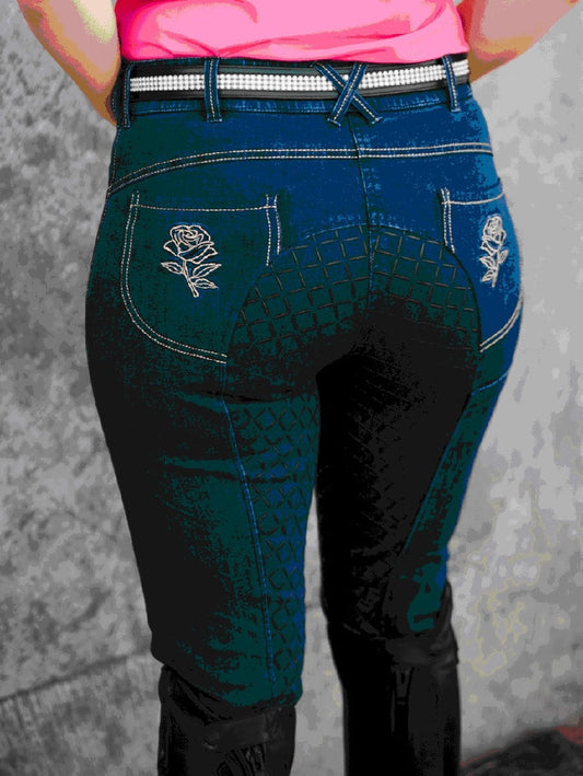 Breeches Peter Williams Denim Navy & Roses Ladies-Ascot Saddlery-The Equestrian