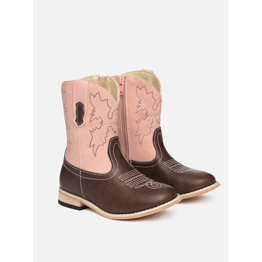 Pair of Baxter Boots, pink and brown, with decorative stitching.
