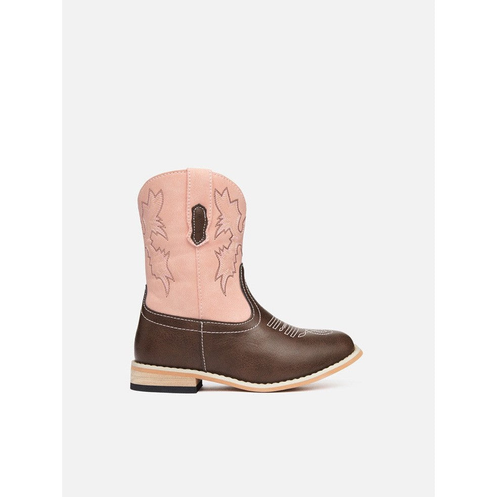 Baxter Boots brand pink and brown leather cowboy boot on white.