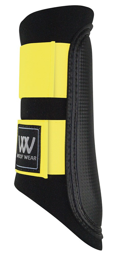 Woof Wear brand black and yellow horse leg protective boot.