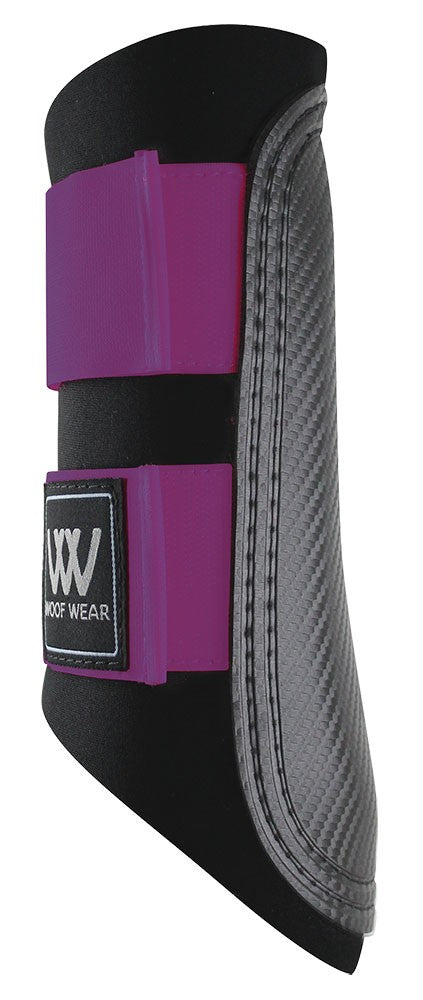 Woof Wear brand horse boot with purple straps and carbon-look texture.