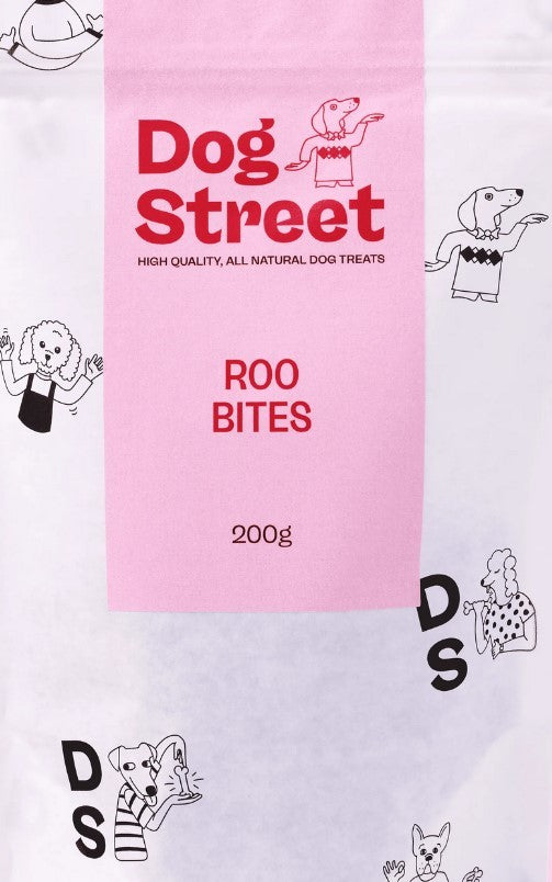 Pink Dog Street Roo Bites kangaroo dog treats package, 200 grams.