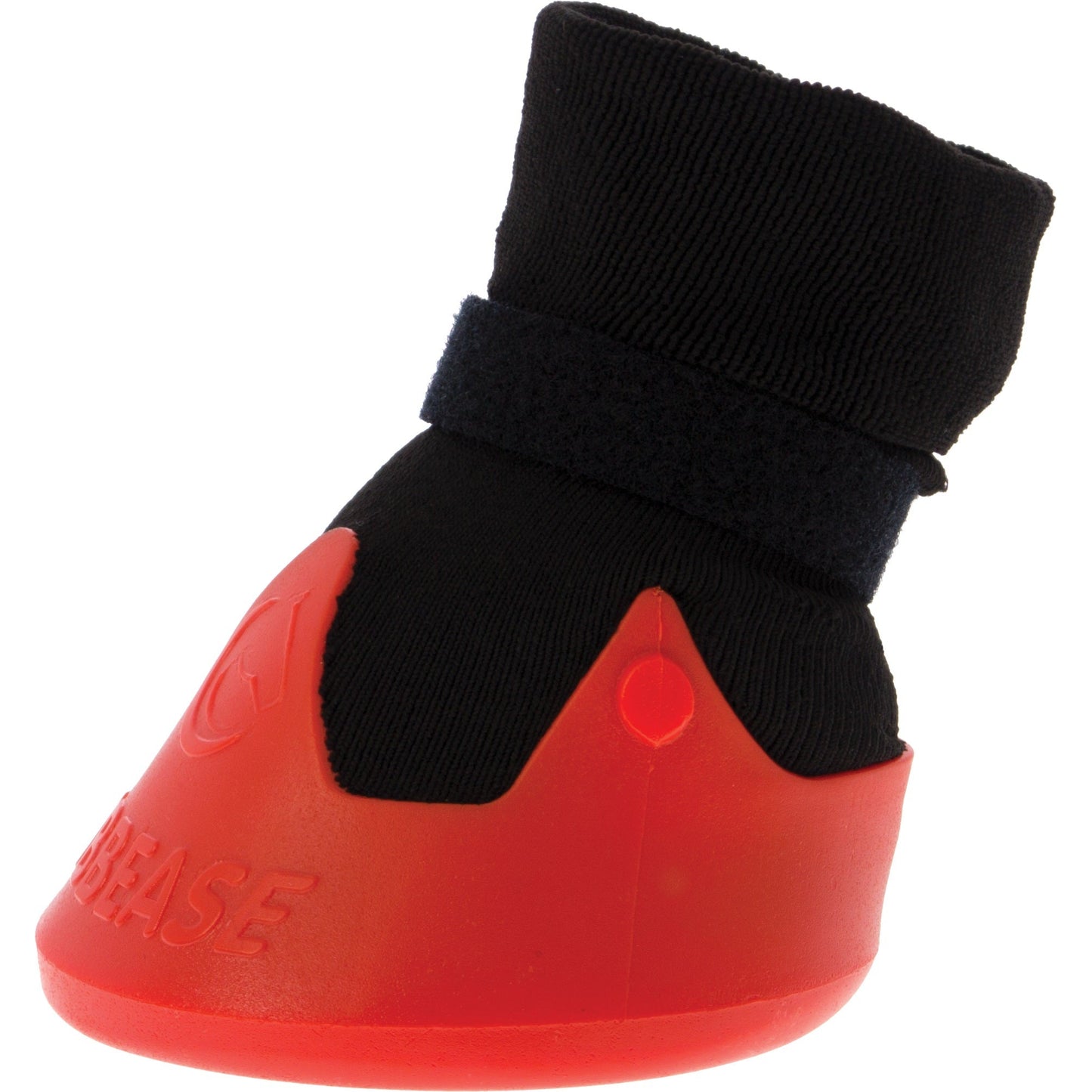 A red and black rubber horse hoof boot with a velcro strap against a white background.