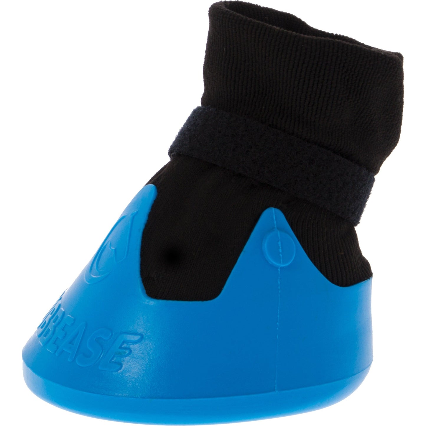 A blue medical boot for foot injuries with a black strap and upper wrap, isolated on a white background.