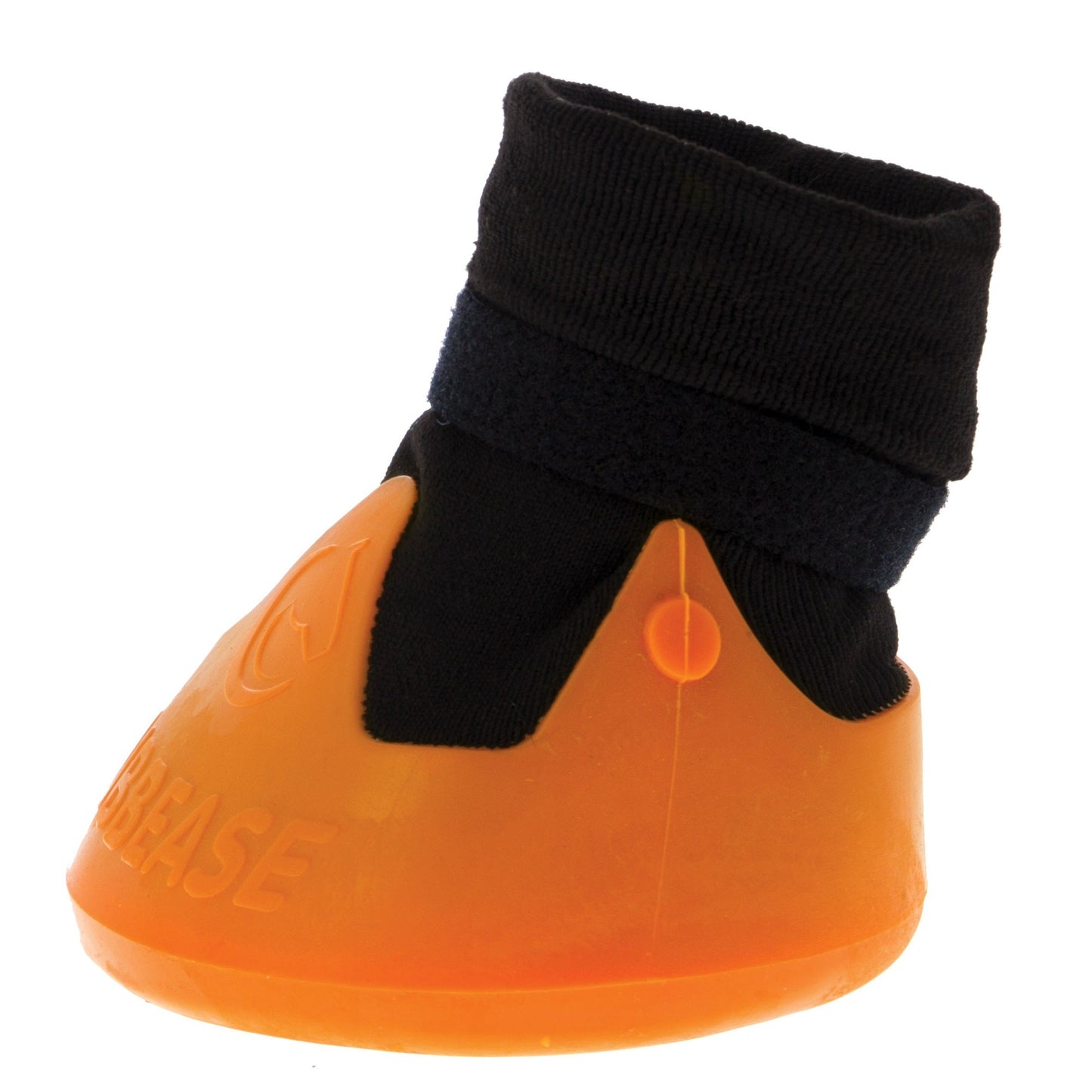 An orange plastic horse hoof boot with a black securing strap, isolated on a white background.