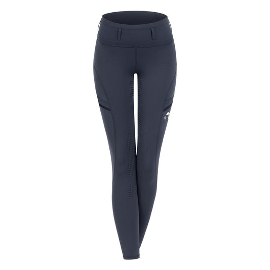 Navy blue horse riding tights with grip pattern on inner legs.