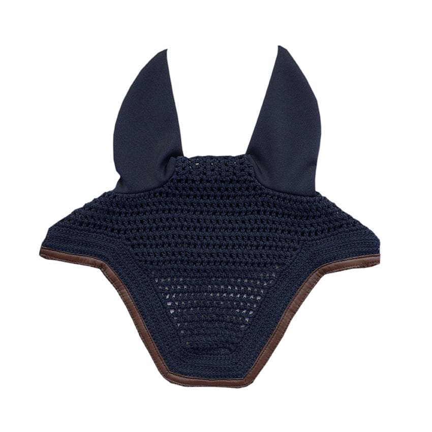 Navy blue fly veil for horses with brown trim.