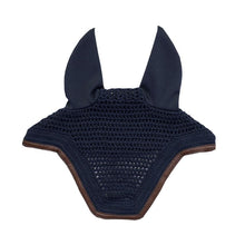 Navy blue fly veil for horses with brown trim.