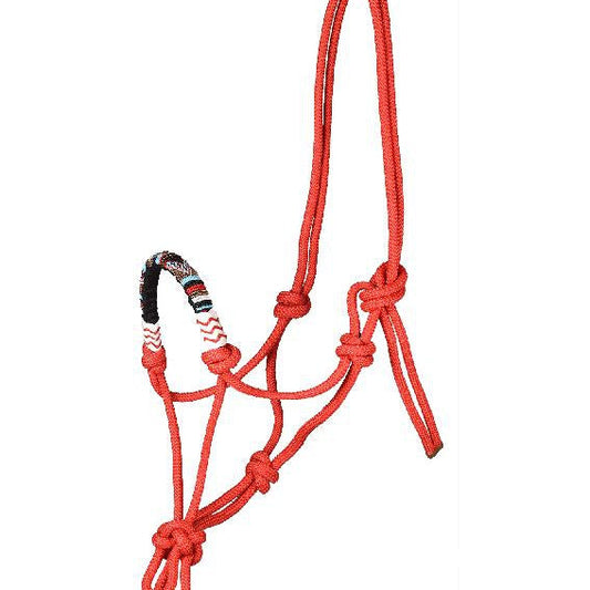 Red rope halter for horses against a white background.
