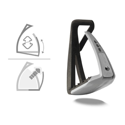 Stainless steel stirrup leathers with instructional diagrams, equestrian equipment.