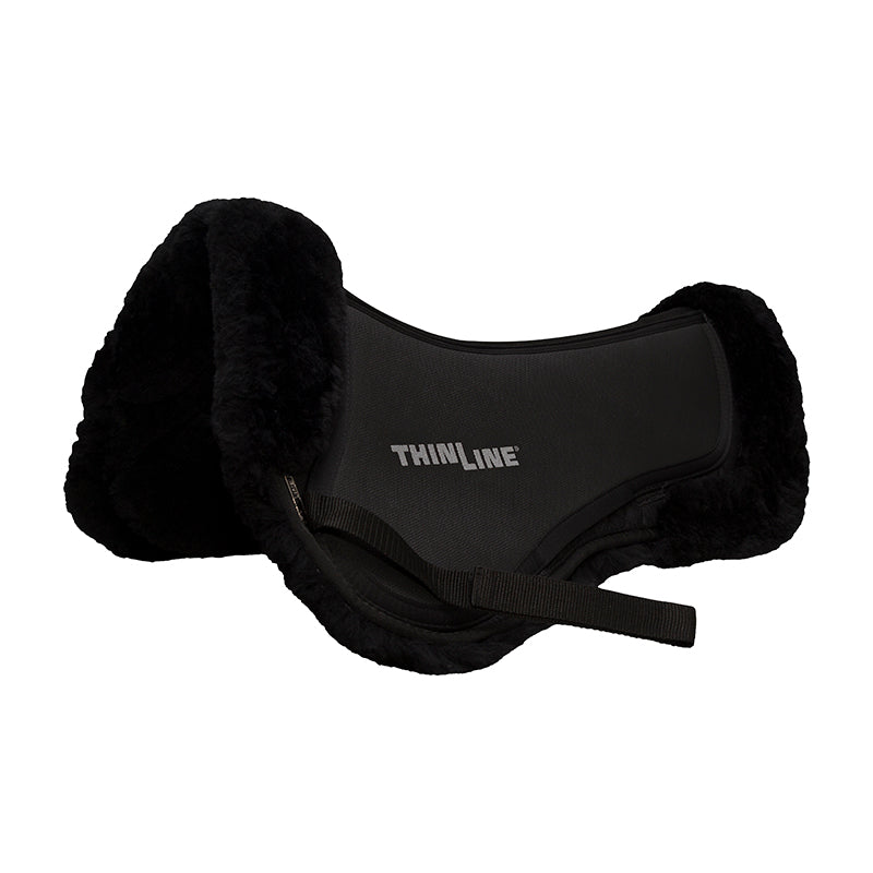 Black Thinline horse pad with fuzzy edges and logo.