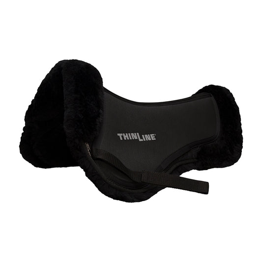 Black Thinline horse pad with fuzzy edges and logo.