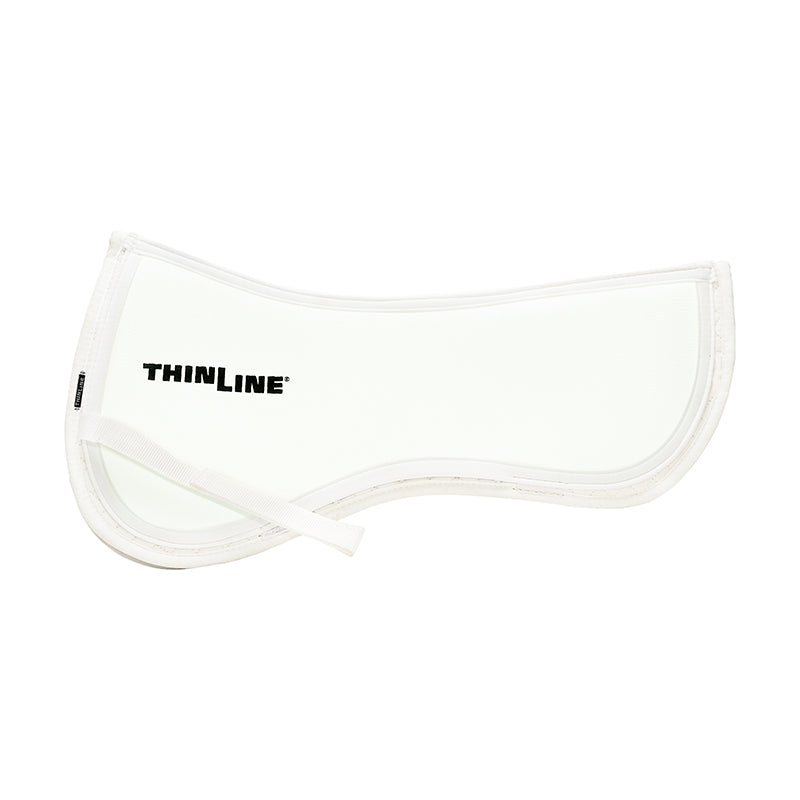 White Thinline saddle pad with curved shape and logo.