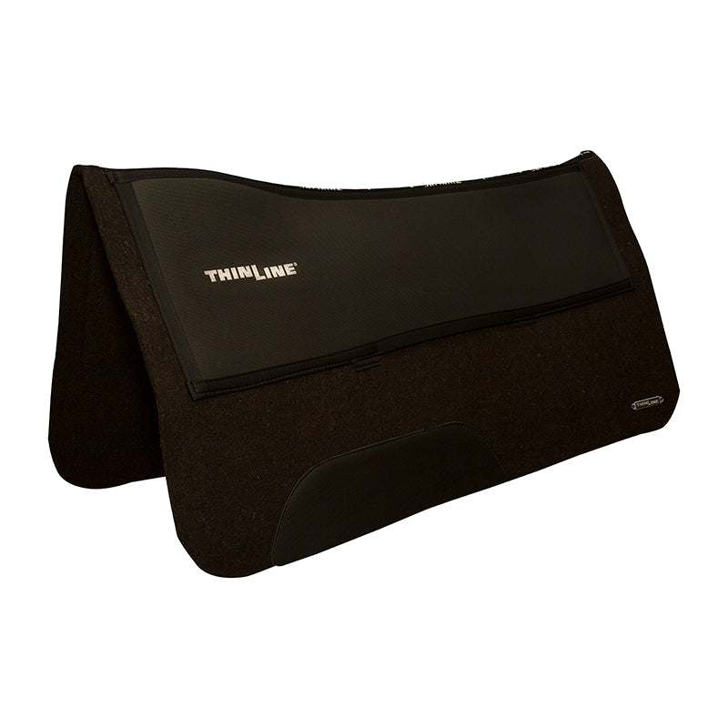 Thinline black contoured horse saddle pad with logo.