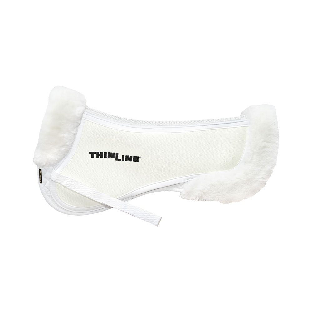 White Thinline saddle pad with plush trim and logo.